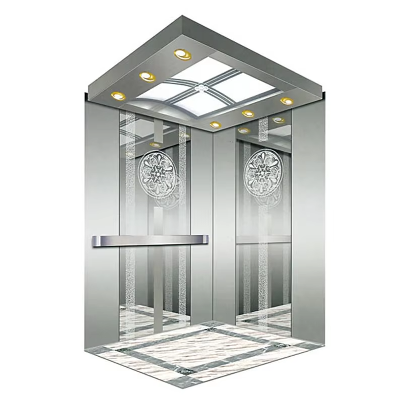ห้องโดยสารลิฟต์โดยสาร VTSP130 สำหรับโรงแรมที่มีโครงสร้างสแตนเลสตกแต่งเพดาน LED Trim รับประกัน 1 ปี